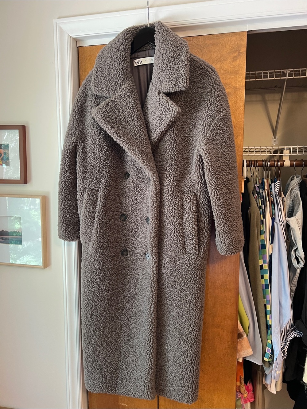 Zara Teddy Coat - Long Double-Breasted Plush Overcoat- Grey